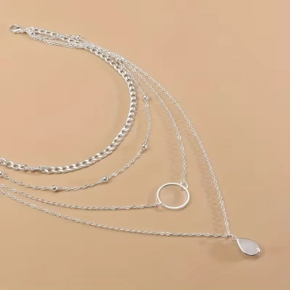 Multi Layer Silver Pendant Chain Necklace Teardrop Crystal Charm Collar Choker